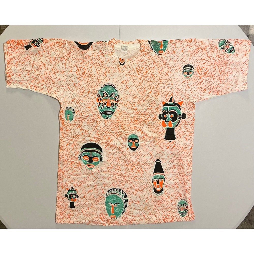 VTG Single Stitch 90s AOP Tribal Mask Aztec T-Shirt Orange L Venezuela